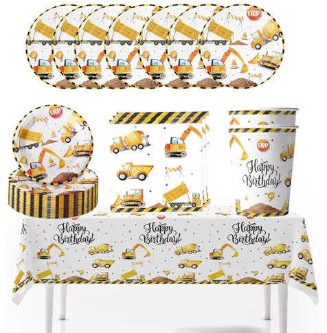 Lot de 41 articles de décoration pour 10 invités, motif chantier, pelleteuse, assiettes en carton, décoration d'anniversaire, chantier, anniversaire d'enfant