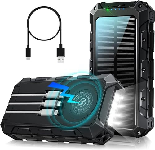 Power Bank 46800mAh:Solar Power Bank Wireless PowerBank Fast Charging with Built-in Cable 7 Outputs/2 Inputs, Solar PowerBank Battery Pack with LED Indicator Flashlight