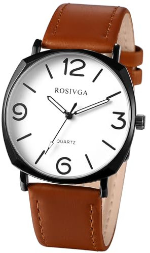 JewelryWe Herrenuhr Braun Leder Uhr: Klassische Einfache Analog Quarz Armbanduhr Herren PU Lederarmband Geschäft Lässige Uhr mit großen arabischen Zahlen rundem Zifferblatt