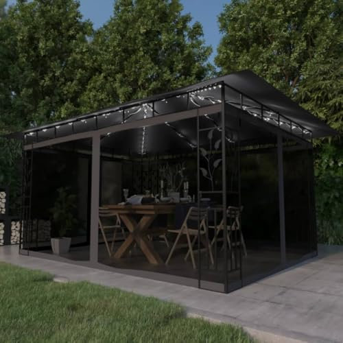 Pavillon mit Moskitonetz und LED-Lichterkette, 4 x 3 x 2,73 m, Anthrazit