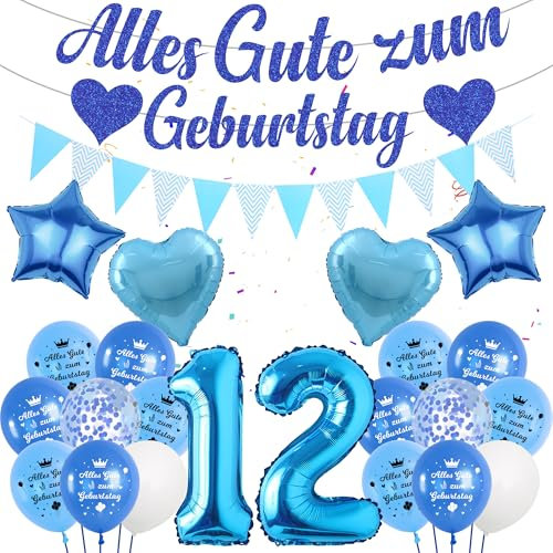 Deko 12 Geburtstag Junge Blau Luftballon - Alles Gute Zum Geburtstag Girlande Banner Wimpel, Riesen Zahl und Sterne Herzform Folienballon Konfetti Ballon für Kinder Geburtstagsdeko Jungen Mädchen
