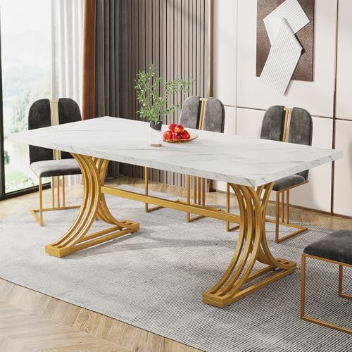 Tribesigns Esstisch für 4 bis 6 Personen, 160 x 80 cm, moderner Küchentisch mit Tischplatte aus Kunstmarmor und stilvollen Metallbeinen, große Esstische für Esszimmer, Küche, Weiß und Gold