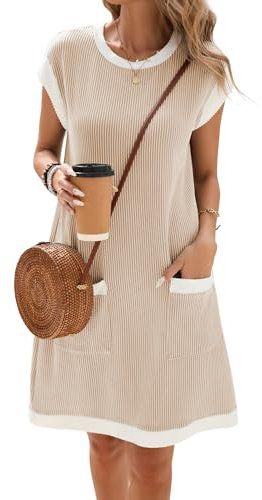 Famulily Women's Crewneck Cap Sleeve Shirt Dress Elegant Summer Color Block Short Sundress with Rib Texture Khaki XL