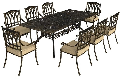Outsunny 9 Pieces Cast Aluminium Garden Dining Set, 8 Seater Garden Table and Chairs with Parasol Hole, Outdoor Garden Furniture Set with Cushions for Patio, Bronze Tone