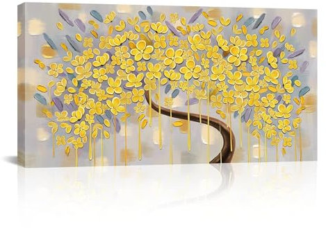 HNKDKJ Abstraktes goldenes Geldbaum-Bild, Gemälde für Schlafzimmer, Wohnzimmer, Heimbüro, Dekoration, gerahmt, moderne Wandkunst, 75 x 140 cm/30 x 55 Zoll – Innenrahmen