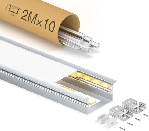 GEEKLUX 10 x Profilés en Aluminium 2 m (10 m), Profilé LED Encastrable pour Ruban led jusqu'à 15 mm, Diffuseur Led en PC, Corniche LED avec Clips de Fixation, Pour Plafond et Installation Encastrée