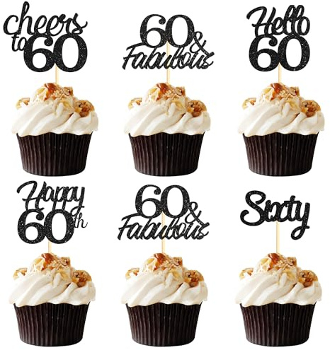 Sotpot Cupcake-Topper zum 60. Geburtstag, Motiv: Hello 60 Cheers to 60 Years mit schwarzem Glitzer, Cupcake-Picks für 60. Geburtstag und Jahrestag, Party-Kuchendekorationen, 30 Stück