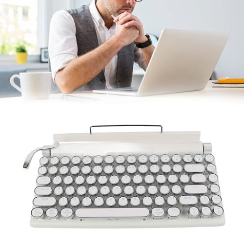 SustVita Electric Typewriter Vintage, 83 Key Mechanical Gaming Keyboard with Knob Control, Retro Round Keys, for Android, for 10, for iOS, for OS X Laptop (White)