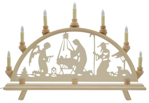 Erzwelt - Lichterbogen DBR55 – Motiv Maria kniend vor der Wiege | 55 x 37 x 5 cm – Schwibbogen aus Holz – Leuchtbogen mit 7 Kerzen – Original Erzgebirge Fensterbogen – Weihnachtsdeko