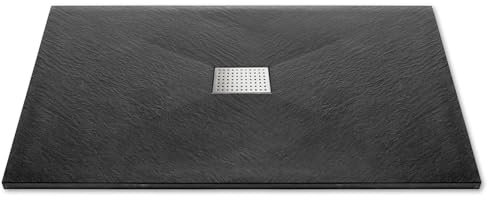 Thermopanel SMC Black Shower Trays Base Slate Stone Effect Textured Non Slip with Stainless Steel Drain Cover - 2000 x 1000mm