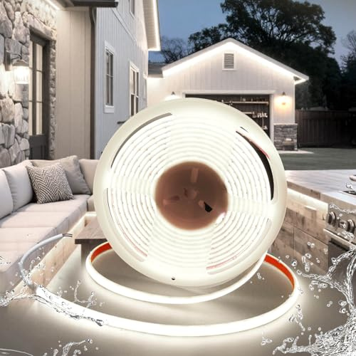 BRIMETI LED Streifen 5M Strip 12V COB Selbstklebend 5M Wasserdicht IP68 Weiß 6000K 320LEDs/m 10mm Breite,Flexibel Silikon LED Band licht für TV, Schlafzimmer Beleuchtung (ohne Netzteil)