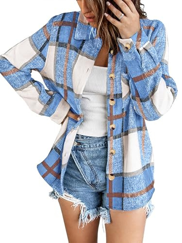 Zeagoo Women's Flannel Shirt Loose Checked Long Sleeve Top Oversized S-XXL