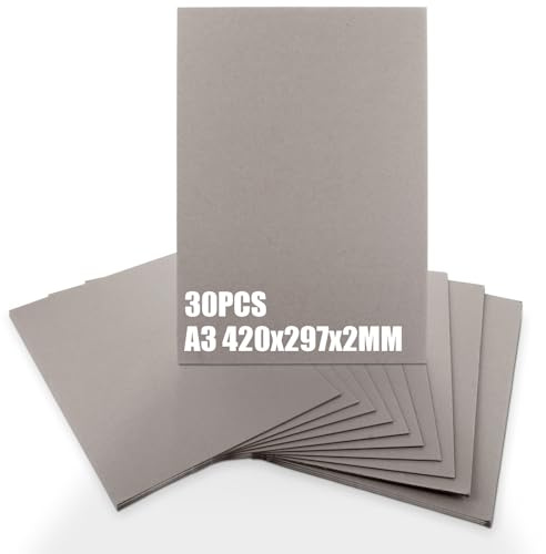 GBACHOOSE 30 Stück Graupappe A3 (29,7 x 42 cm) Stärke 2 mm Buchbinderpappe, Graukarton A3 Format für Bucheinband, Buchbinden, Karten Einladungen