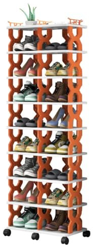 Schmaler Schuhschrank mit Rollen, Doppeltür, Eingangsbereich, platzsparend, mehrlagig, Schuhregal für Flur/Kleiderschrank (Orange 4 Ebenen)