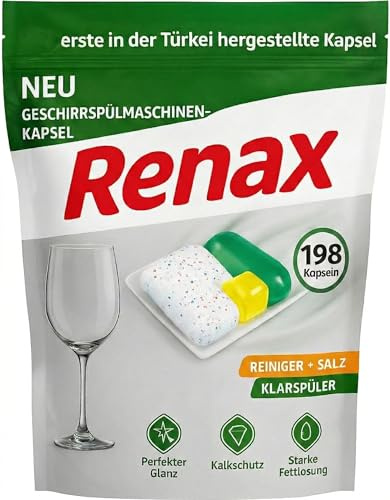 Renax Gold Cápsulas para lavavajillas All-in-One | Pastillas para lavavajillas con sal, abrillantador, protección contra la cal y desengrasante, cápsulas para lavavajillas – Protección contra la grasa