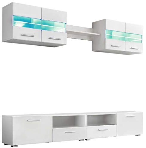 Foknhdi 5-TLG TV-Wohnwand-Set Hochglanz Weiß 100x30x34 cm LED Lowboard Sideboard Hängeschrank Fernsehkombination Modernes Design für Wohnzimmer Schlafzimmer Büro