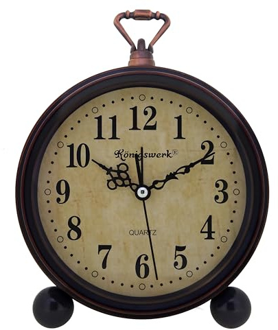 Königswerk Vintage Analog Alarm Clock, 5.25 inch Small Silent Desk Clock with Night Light, Battery Operated for Table, Bedroom, Bedside, Living Room, Room Decor (Classic)