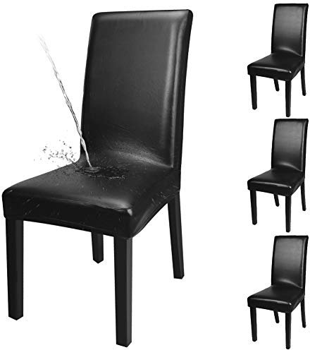 YISUN Wasserdicht PU Stuhlhussen 4er Set, Universal Stretch Hussen für Stühle Abnehmbarer Waschbarer Stuhlbezüge für Hotel Zeremonie Bankett Küche Haus Hochzeit Party (4-Stück, Schwarz)