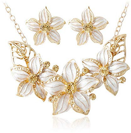 YAZILIND Frauen Metall Legierung Anhänger Elegante Frühlingsblume Halskette Ohrringe Set Braut Schmuck Geschenk Weiß