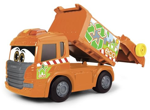 Dickie Toys Happy Garbage Collector - Voiture à roulettes motorisée - Voyant et son - Avec piles - Levage manuel et abaissement du conteneur et de la poubelle - 25 cm - orange