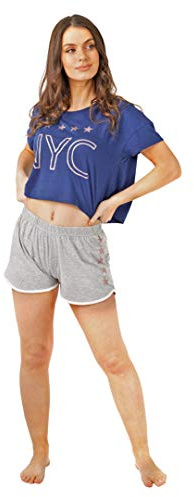 Nikaro Ladies Summer Cotton New York NYC Crop Top Shortie Pyjama Set with Lilac Eye Mask (Navy) LXL