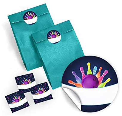 6 Geschenktüten/Petrol + 6 Aufkleber Bowling für Mitgebsel Gastgeschenke beim Kindergeburtstag Mädchen Jungen