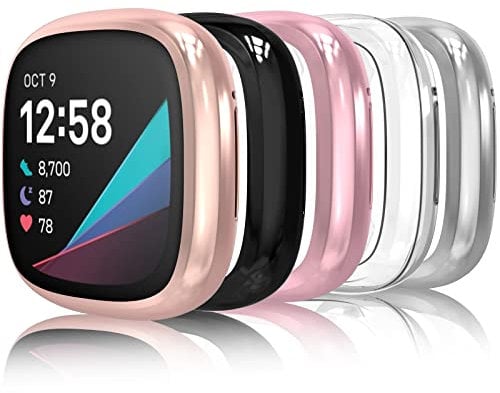 Hianjoo 5-PCS Screen Protectors Compatible with Fitbit Versa 3 / Sense, Slim TPU Plated Full Coverage Screen Bumper Cover Case Compatible with Fitbit Sense/Versa 3 -Clear,Black, Rose Gold,Pink