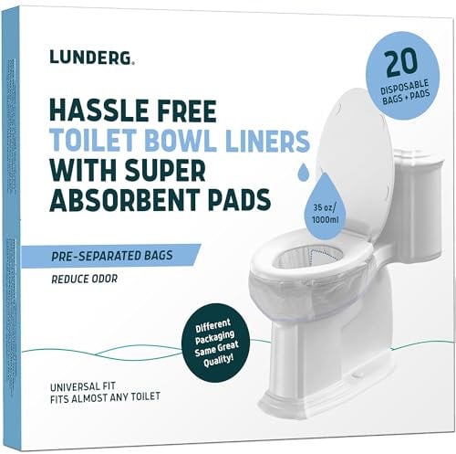 Lunderg Toilet Liners with Super Absorbent Pads - Value Pack 20 Count Universal Fit - Disposable Toilet Bags to Convert any Home, Boat or Camping WC into a Dry Flush - Emergency must have