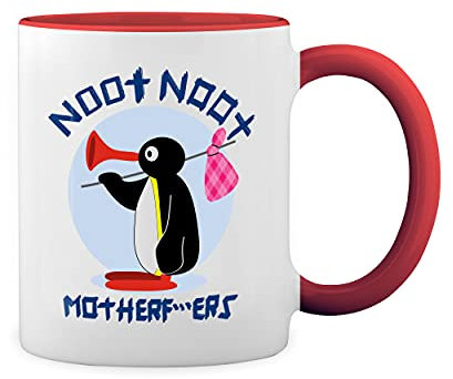 Noot Noot Penguin Mother pingu Weiße Tasse Mug mit roten Felgen und Griff