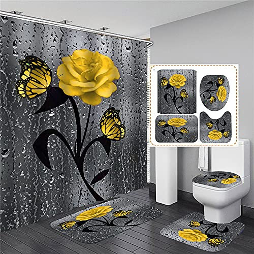 Hearda Modern 4 Piece Shower Curtain Set, 3D Rose Print Waterproof Fabric Bathroom Curtain Set with Hooks for Anti Slip Bathroom Rugs Set + Toilet Seat Cover +Bath Mat (4PC,Yellow flower)