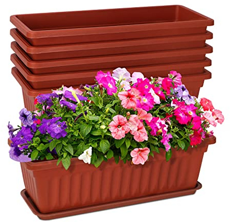 OSMOFUZE 6 Packs Window Box Planter, 17 Inches Green Flower Window Box Rectangular Plastic Vegetable Planters with Trays for Windowsill, Patio, Garden, Balcony, Porch