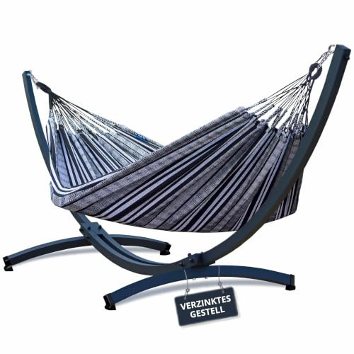 Potenza Outdoor Hängematte mit Tytan Gestell für 2 Personen I 100% Baumwolle Pereira Doppelhängematte 230x160 cm, 200kg I Hängemattengestell 350kg, wetterfest (Verzinktes Gestell Graphit, Zebra)