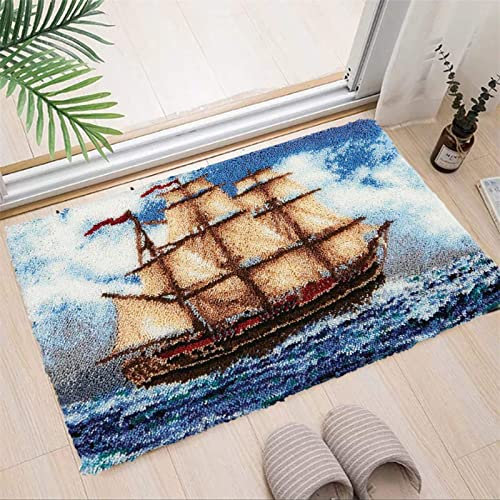 VIONNPPT 3D Ocean-Serie Teppich Latch Hook Kit Knüpfen Set für Erwachsene oder Kinder Zum Selber, DIY Knüpfteppich Geschenk, Knüpfhaken Set mit Vordruck (Segelboot,60cmx40cm)
