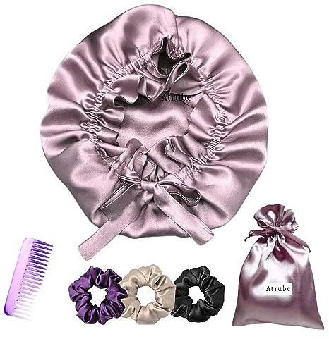 Atrube Satin Silk Hair Bonnet with 3 Premium Scrunchies| Shower cap bonnet Sleep with Adjustable Tie Band for Curly Hair Pale Mauve
