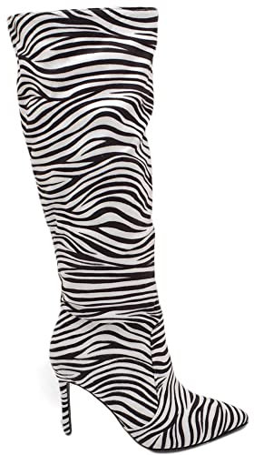 Malu Shoes Stivale alto donna in camoscio effetto zebrato con tacco a spillo 12 aderente con zip a punta sotto ginocchio (39 EU)