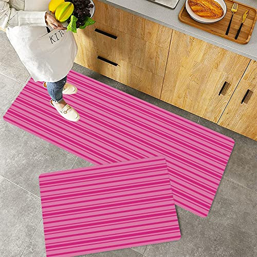 Küchenteppich Teppich Läufer Küchenläufer 2 Stück rutschfest,Hot Pink, Horizontal Fett und dünne Streifen in Pink Tönen Geometrische klassische Komposi, Waschbar für Flur Küche 40 x 100 cm+40 x 60 cm