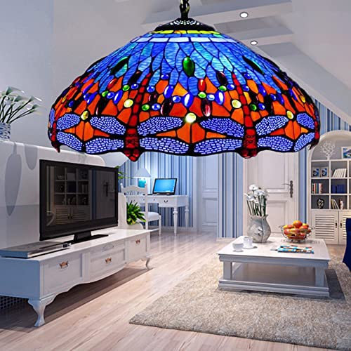 Tiffany Stil Buntglas Pendelleuchte, 3 Lichter LED Decke hängende Pendelleuchte, 18 Zoll breit blau rote Libelle Buntglas Lampenschirm, warmes Licht,Blau