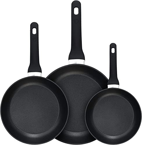 MasterChef Juego de 3 sartenes antiadherentes (20 cm, 24 cm y 28 cm), aptas para inducción, todas las cocinas, aluminio forjado, asas ergonómicas, aptas para lavavajillas, color negro