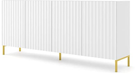 Homlando Commode Wave 4D 200 cm avec façades en MDF sur pieds en métal, buffet, haut board 4 portes, armoire (blanc mat)