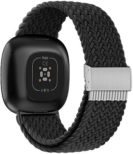 TINICR Geflochtenes Solo Loop Armband Kompatibel mit Fitbit Versa 4/Fitbit Sense 2/Fitbit Versa 3/Fitbit Sense Armband, Elastisches Verstellbares Nylon Sport Armbänder (Schwarz)