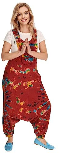 Kunst und Magie Tie Dye Batik Latzhose Damen Haremshose Hose Psy Goa 70er Overall Boho Jumpsuit Bunt, Größe:XXL, Farbe:Rot