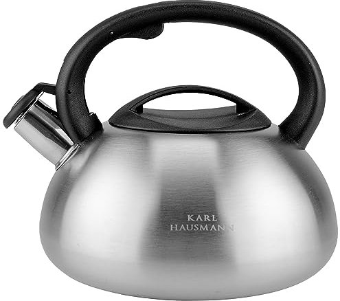 KARL HAUSMANN Bouilloire Inox Argenté - 3L - Bouilloire Sifflante - Bouilloire Induction, Gaz - Poignée Résistante à la Chaleur - Bouilloire Traditionnelle Tous Feux - Retro - Théière Gaz - Bouilloir