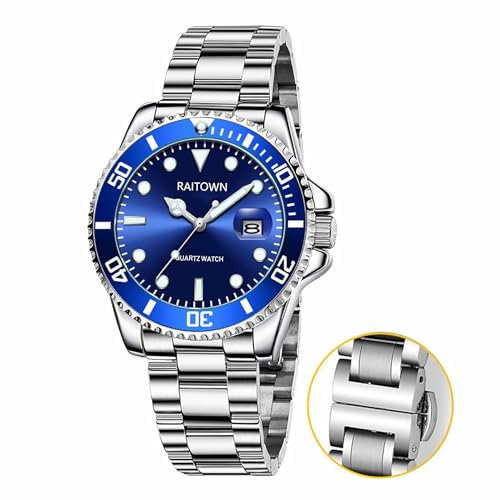 Raitown Herren Uhr Edelstahl Japan Quarzwerk Wasserdicht Leuchtzeiger 42mm Großes Zifferblatt Mode Business Klassisches Design Schwarz Grün Blau Uhr Man