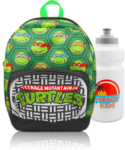Teenage Mutant Ninja Turtles TMNT Mini-Rucksack – 25,4 cm Canvas-Rucksack mit Fronttasche und Flasche | TMNT Schulbedarf-Set, TMNT Rucksack Geldbörse, TMNT Mini Backpack, TMNT Rucksack, TMNT Mini