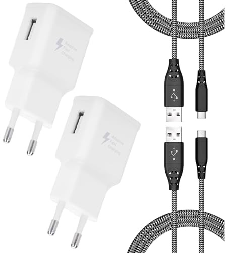 2er-Pack Ladegerät mit 2M Nylon Ladekabel USB C für Samsung Handy, Tablet | 15W Schnellladegerät Netzteil und Typ C Schnellladekabel für Galaxy S23/S22/S21 Ultra/S21+/S20 FE/S10/S9/A57/A53/A34/A17/A16
