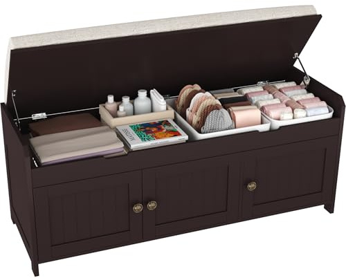 HOMEFORT Schuhbank mit Hebebügel, Eingangsbank mit gepolstertem Sitz, Holzende der Bettbank, Schuhschrank mit verstecktem Stauraum, für Schlafzimmer, Flur, Espresso
