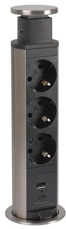 LEGRAND, Incara Tower 60 654974 Prise encastrable avec système de Levage 2 x USB (A+C), 3 x Prises, 2P+E, diamètre : 60 mm, Profondeur d'encastrement : 356,5 mm, 15 W, Aluminium/Noir