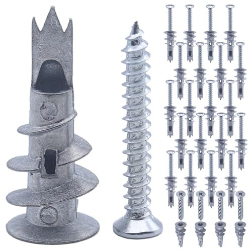 Lot de 50 fixations pour plaque de plâtre avec vis - Chevilles murales robustes pour plaques de plâtre - Chevilles murales et vis et chevilles métalliques - 31 mm - Pour béton, bois et objets muraux