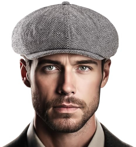 LADYBRO 8-Panel Herren Newsboy-Mütze - Fischgrätenmuster Tweed-Wollmischung Hüte Schirmmütze Scally Ivy Cap Vintage Alltag Freizeit