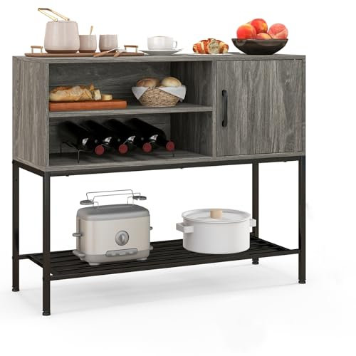 COSTWAY Kitchen Buffet Sideboard, Wooden Storage Cabinet with Removable Wine Racks, Door & Storage Shelves, Display Organiser Console Table for Dining Living Room (Grey)